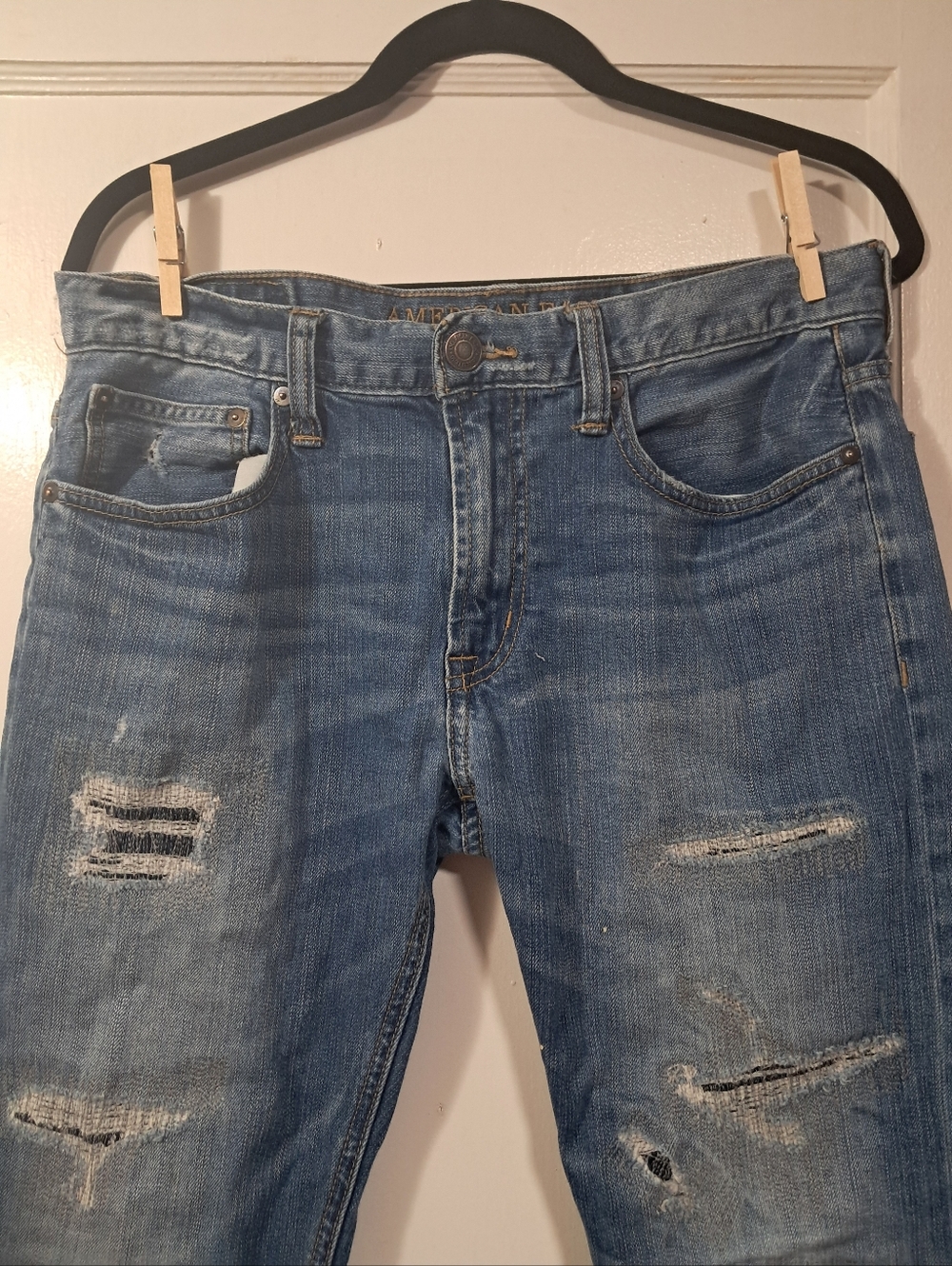 American Eagle Outfitters Distressed Patched Light Blue Mens Slim Straight Jeans - Picture 7 of 11